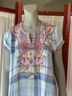 Johnny Was Workshop Julienne Drape Embroidered Plaid Tunic Top Size Small